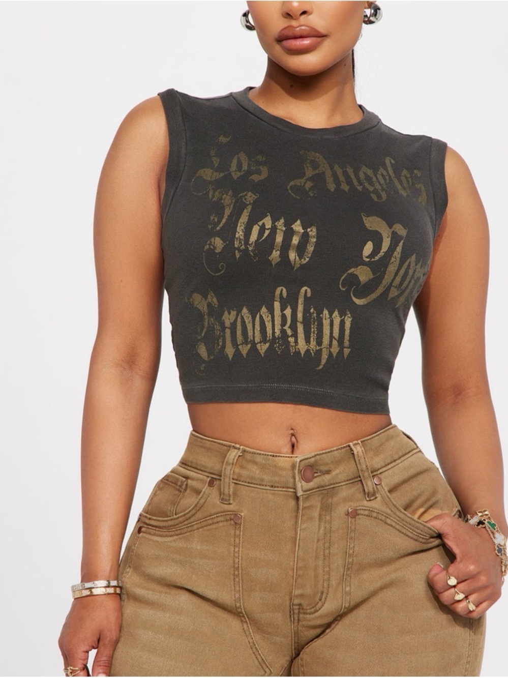 Fashion Nova Black Crop Tank with Gold Script Print